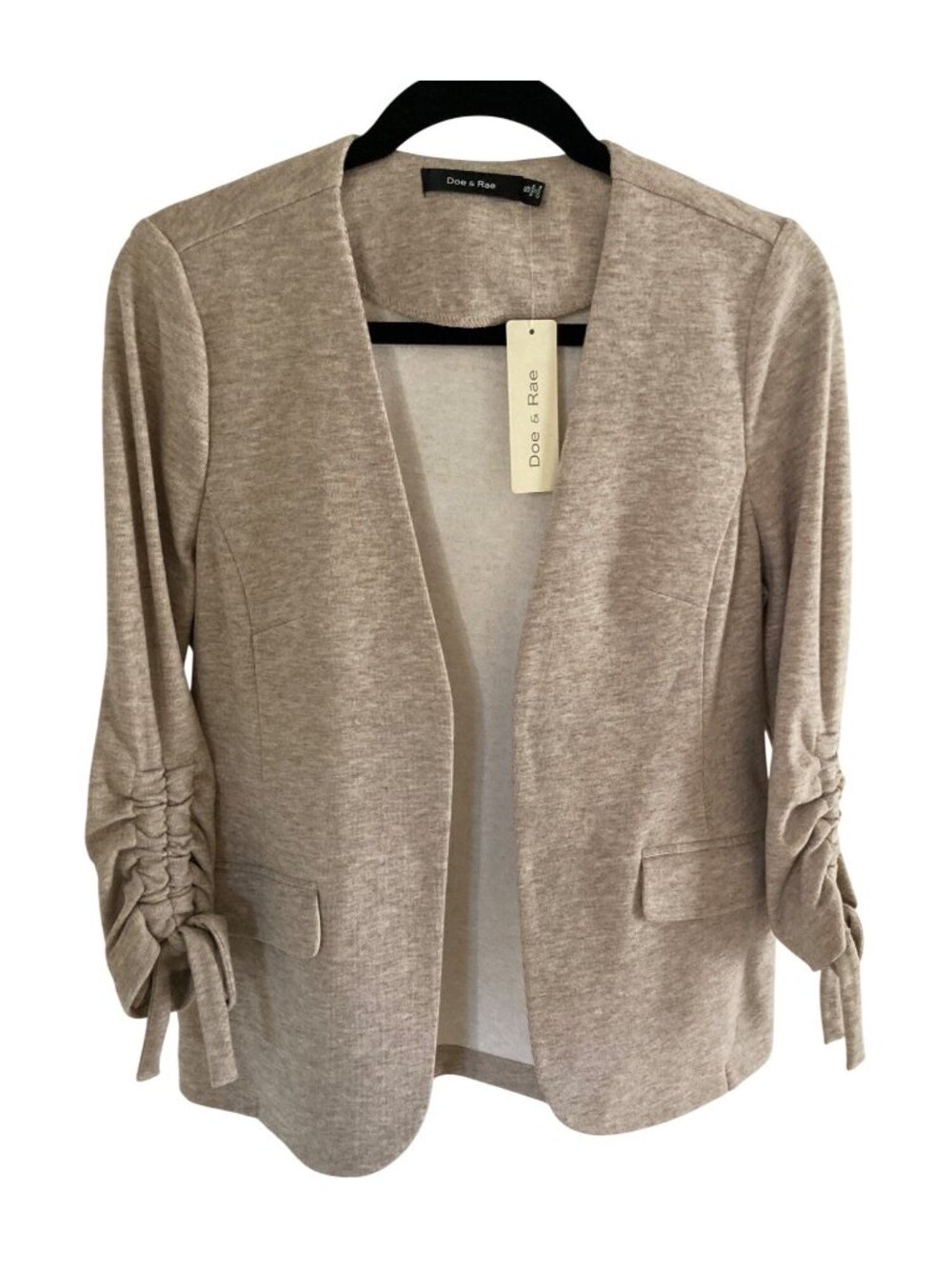 Doe and Rae Women's Pull Tie Sleeves  Tan Open Front Small Jacket NWT